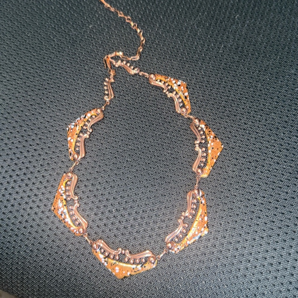 VINTAGE Signed MATISSE Copper Enamel PANEL LINK NECKLACE Black White Gold Speckl